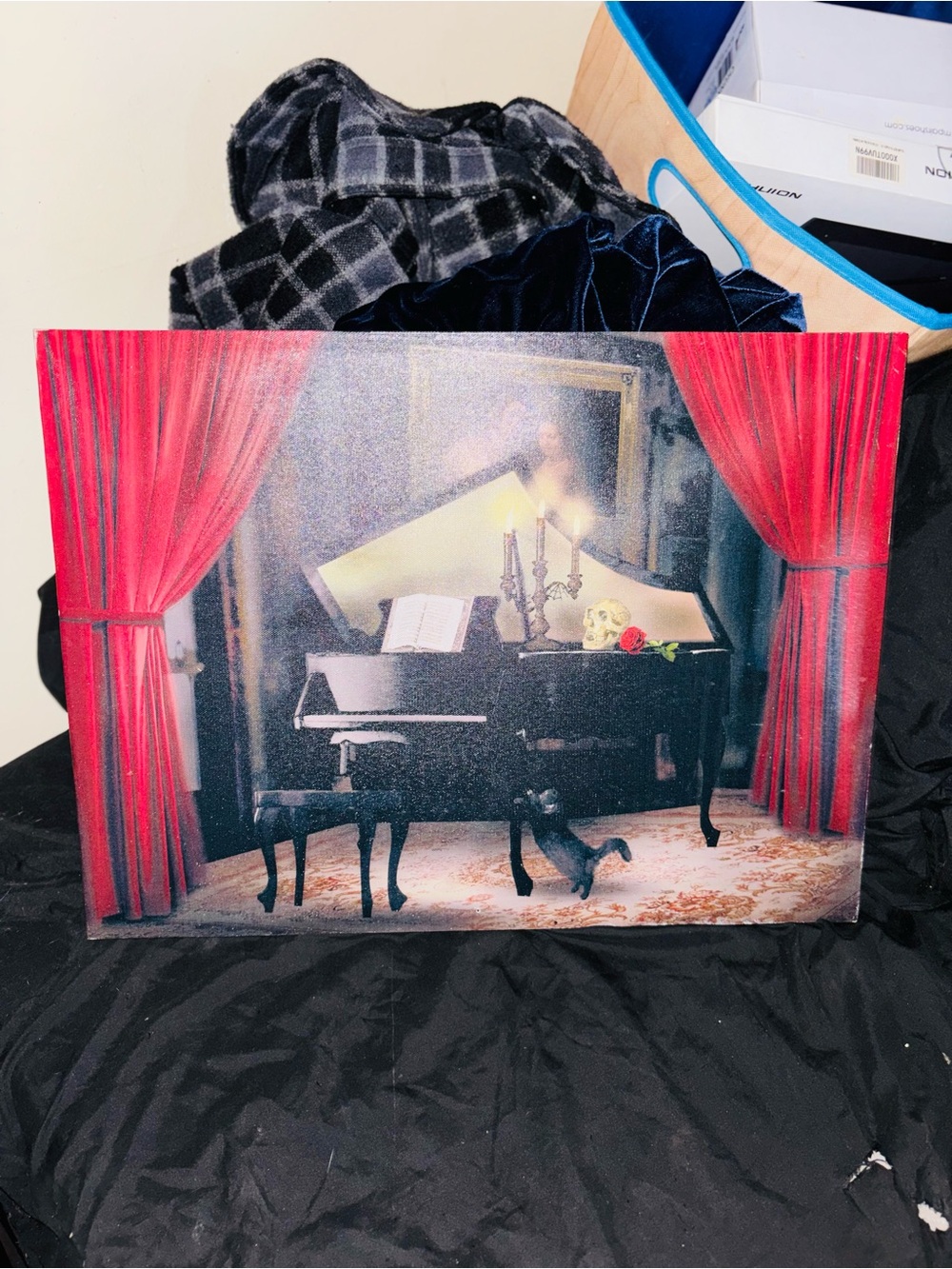Vintage-Style Piano Canvas Wall Art with Red Curtains